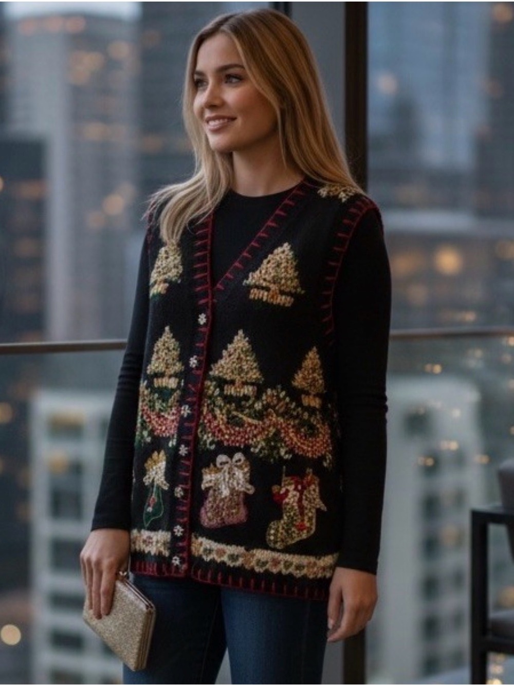 VTG TIARA Christmas Knit Sweater Vest Embroidered Teacher Granny Party Beaded LG